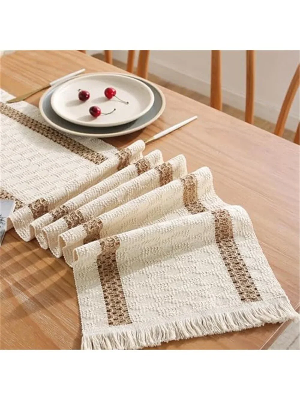 Boho Table Runner 12 x 90 Beige Brown Cotton Linen Farmhouse Tassel Dining Decor